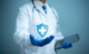 Medical cybersecurity concept with a focus on protecting patient data. A lock icon symbolizes secure access to healthcare records and privacy on a virtual screen.